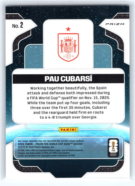 2026 Panini Prizm FIFA World Cup #2 Pau Cubarsi Global Reach Preferred Prizms