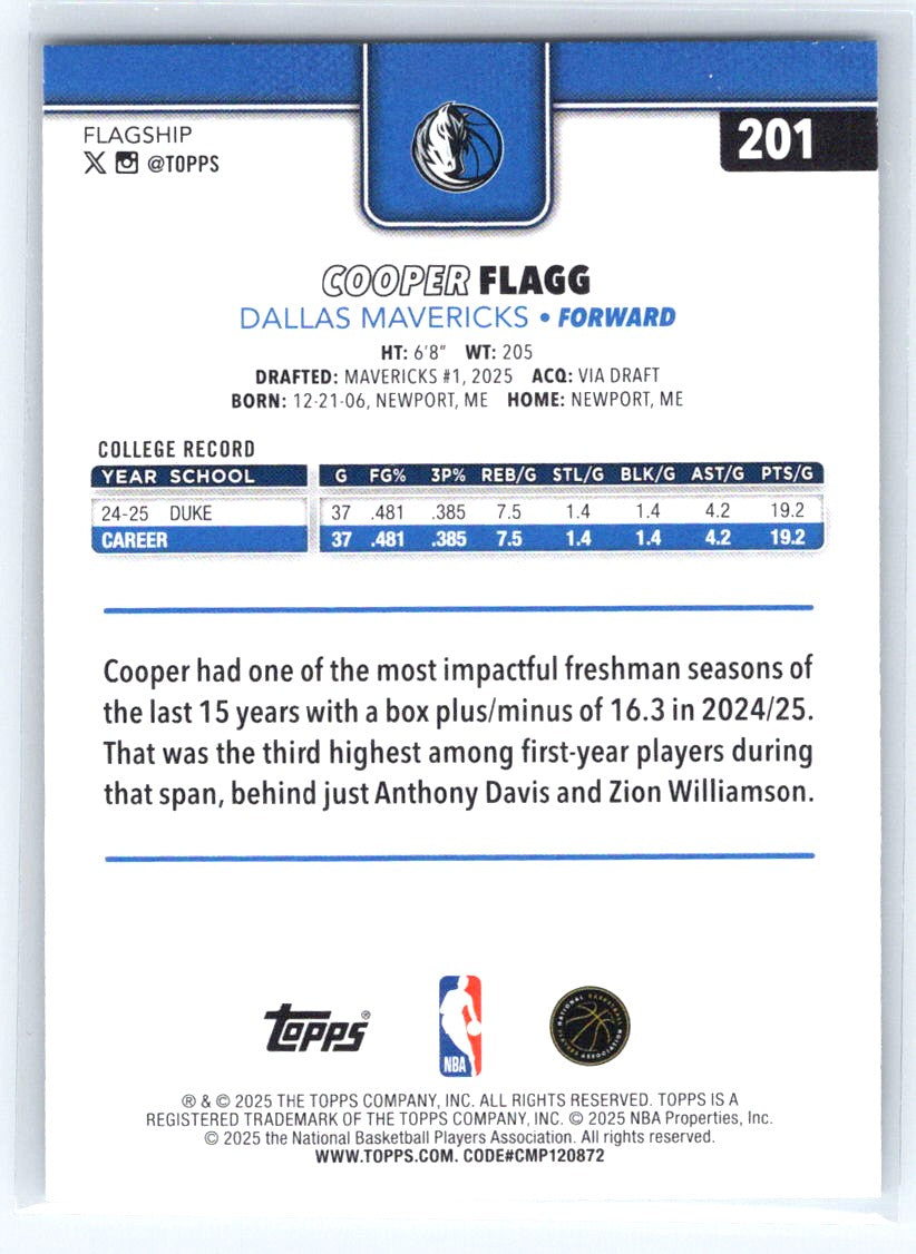 2025-26 Topps #201 Cooper Flagg