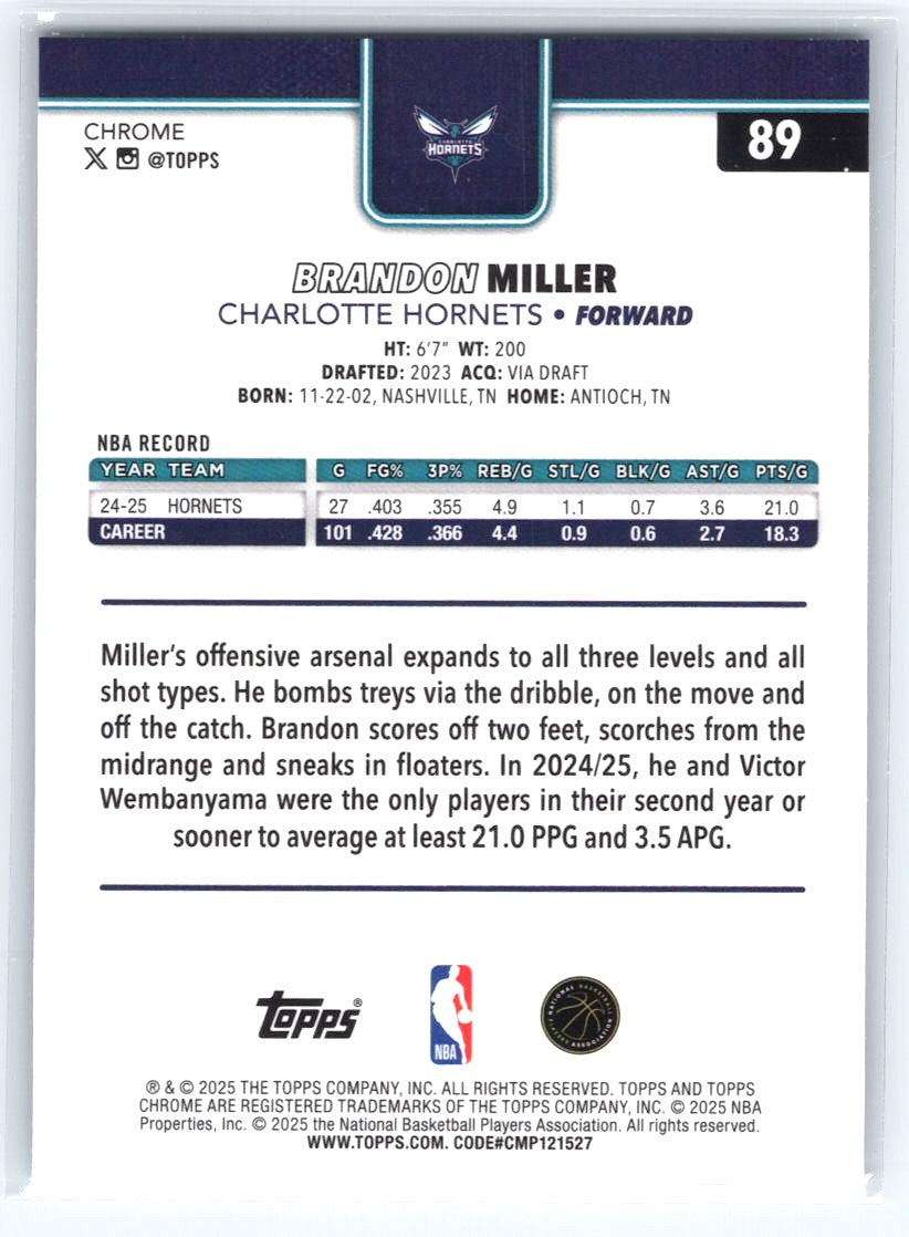 2025-26 Topps Chrome #89 Brandon Miller X-Fractor