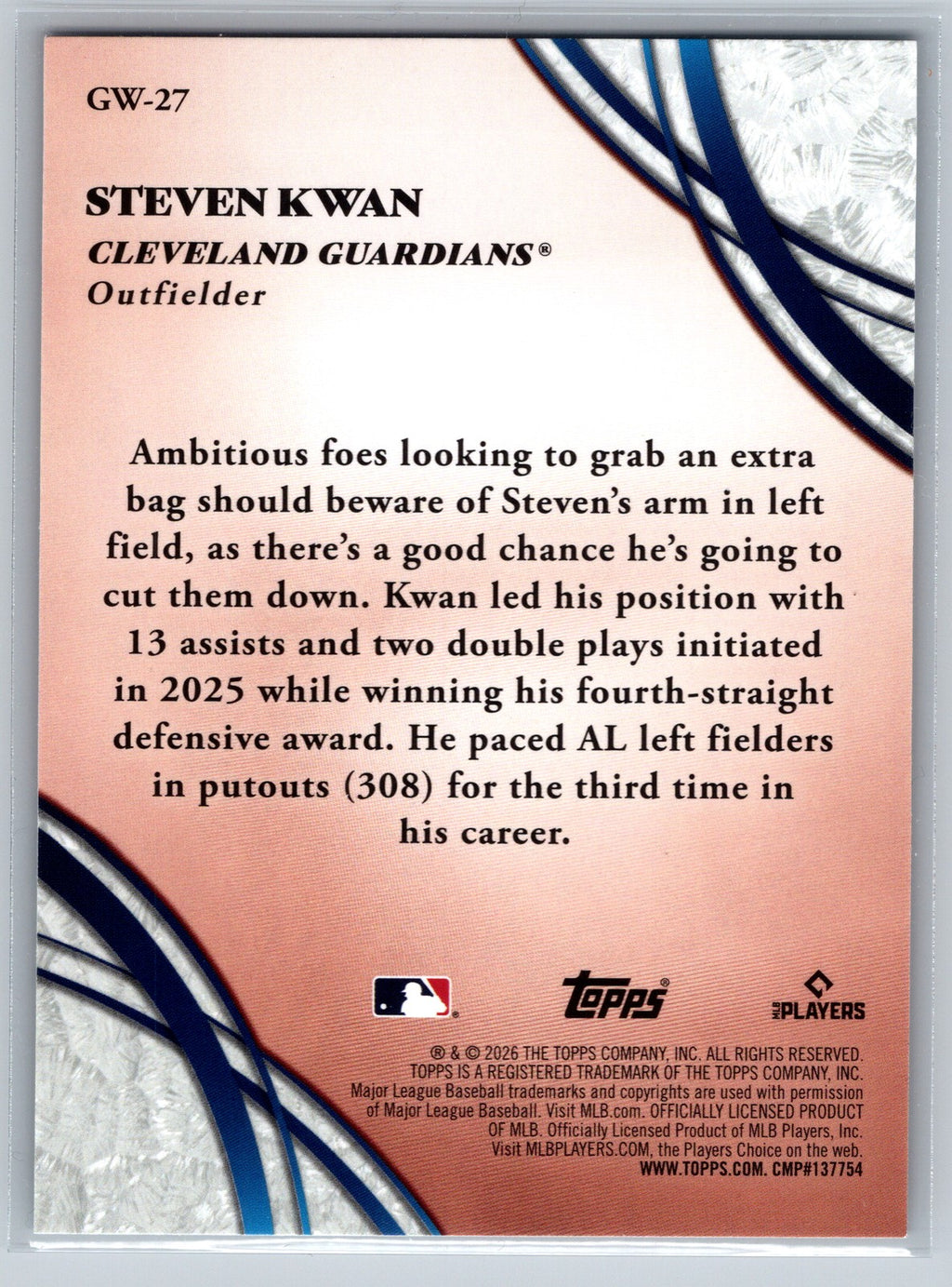 2026 Topps #GW-27 Steven Kwan Glove Work