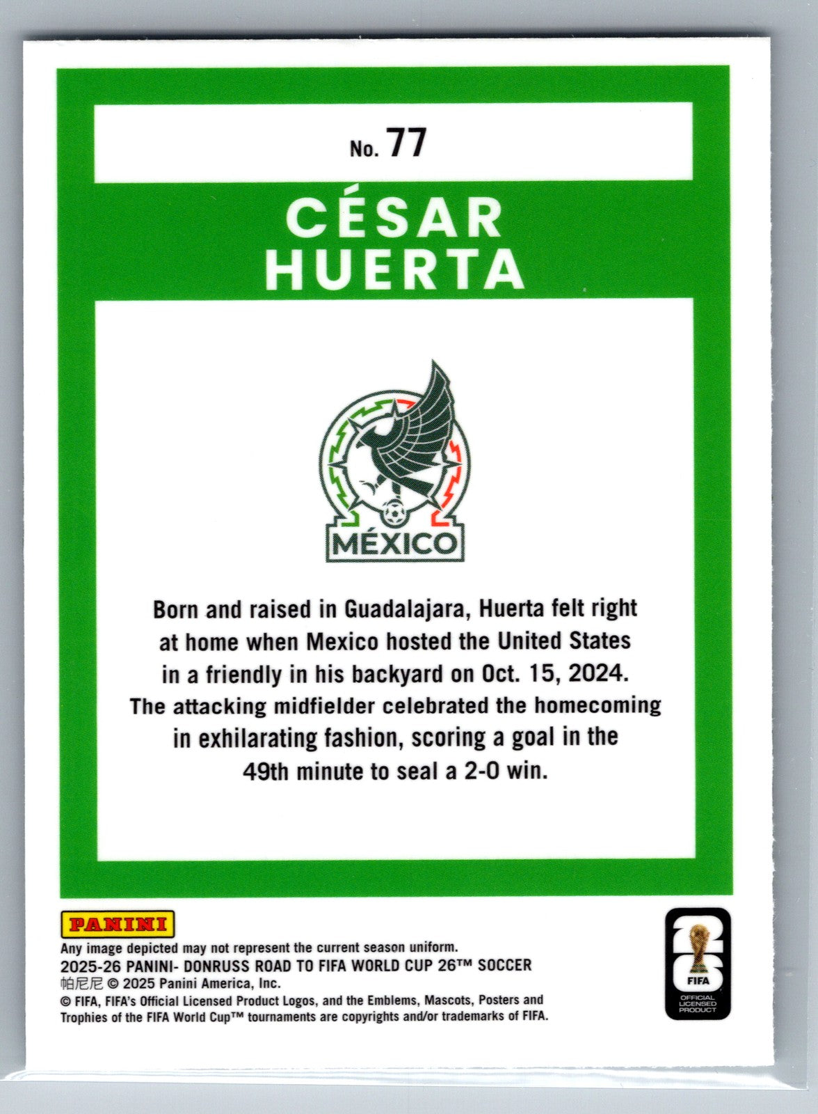 2025-26 Donruss Road to FIFA World Cup #77 Cesar Huerta Optic