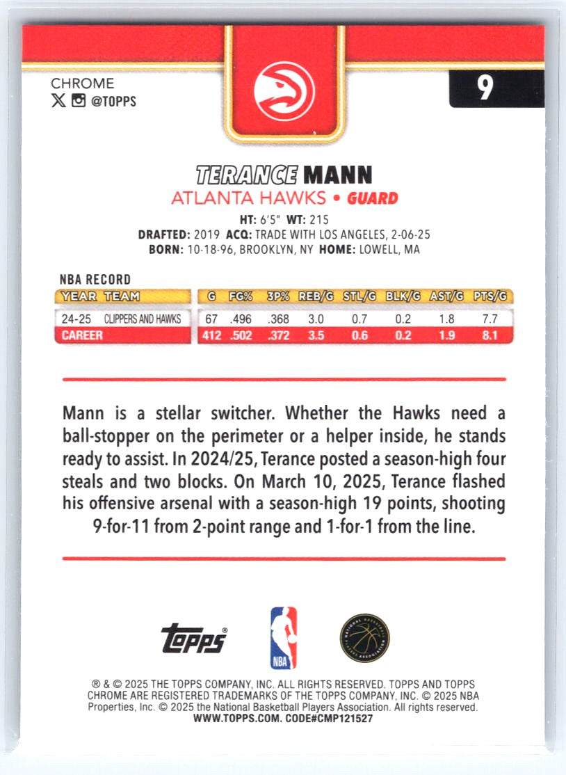 2025-26 Topps Chrome #9 Terance Mann X-Fractor