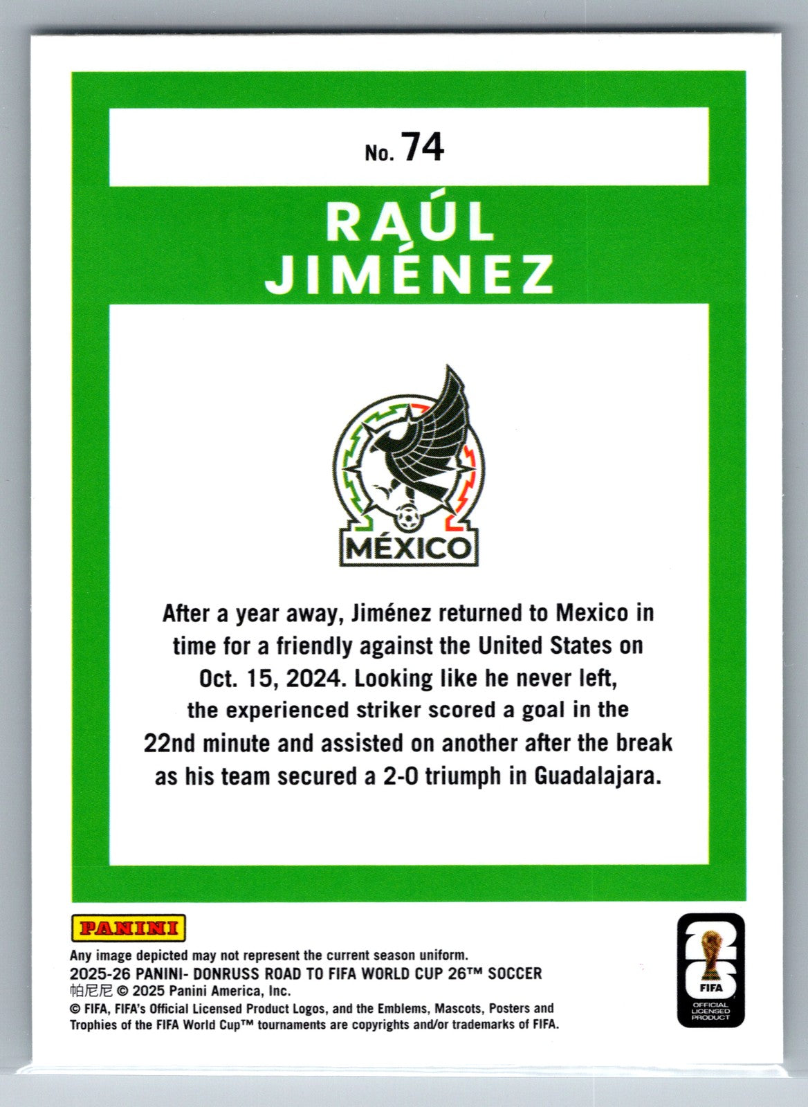 2025-26 Donruss Road to FIFA World Cup #74 Raul Jimenez