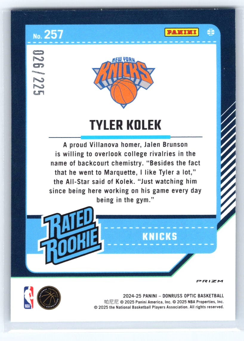 2024-25 Donruss Optic #257 Tyler Kolek Aqua #/225