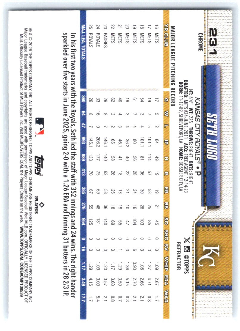 2026 Topps Chrome #231 Seth Lugo Refractors