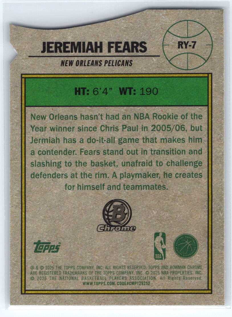 2025-26 Bowman #RY-7 Jeremiah Fears Rookie of the Year Favorites