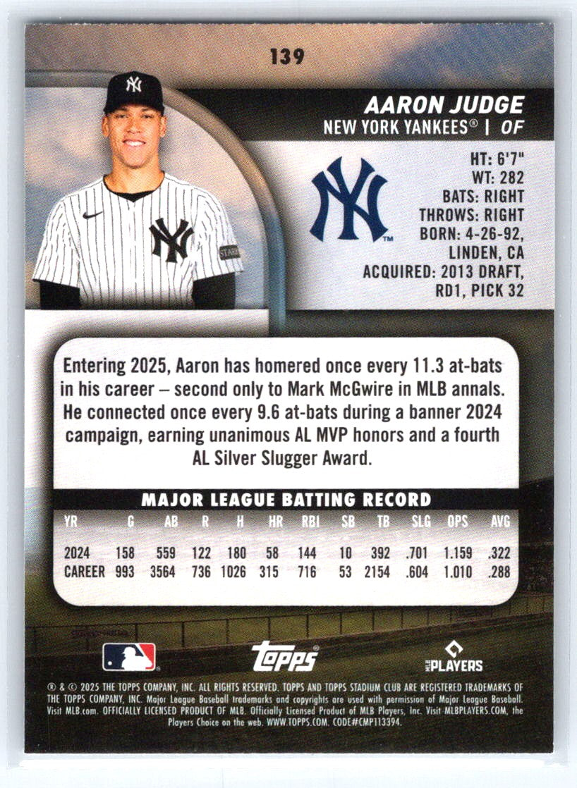 2025 Stadium Club #139 Aaron Judge