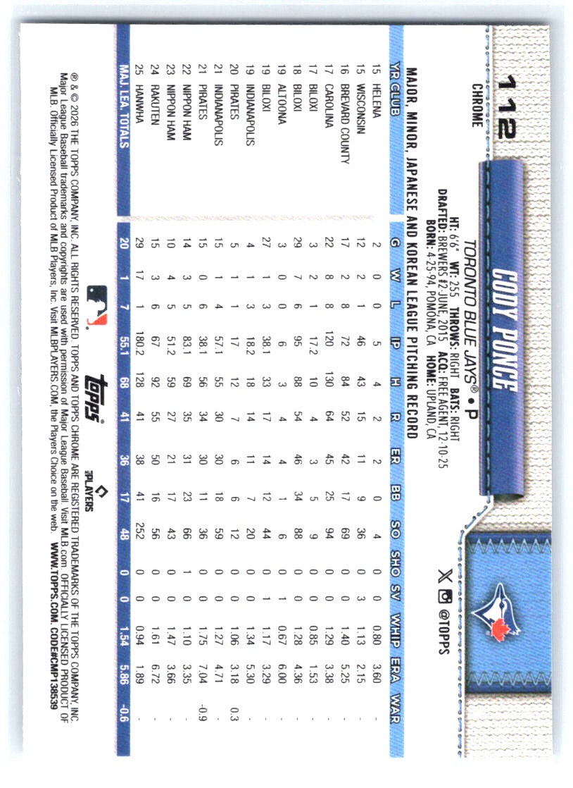 2026 Topps Chrome #112 Cody Ponce