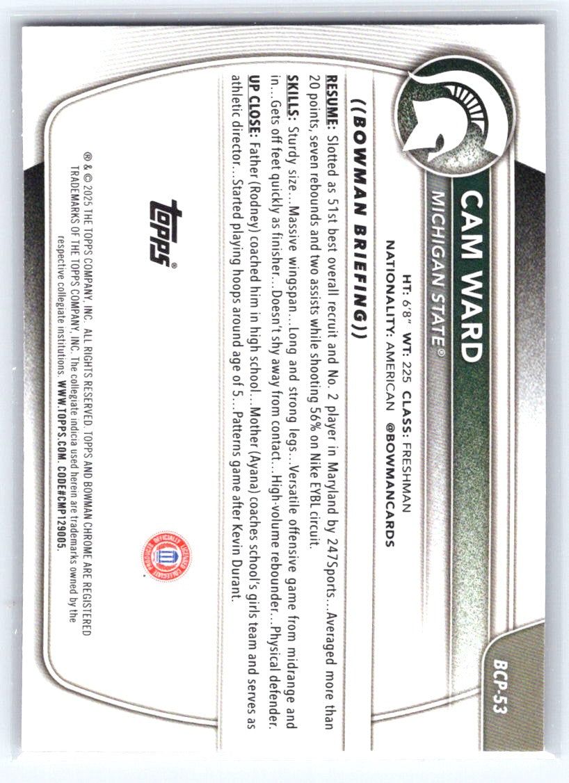 2025-26 Bowman #BCP-53 Cam Ward Chrome Prospects Pink Mojo Refractor #/199