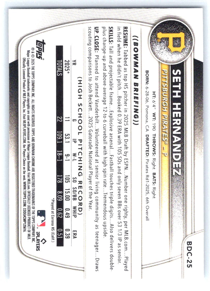 2025 Bowman Draft #BDC-25 Seth Hernandez Chrome Mojo Refractor