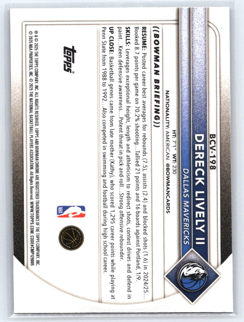 2025-26 Bowman #BCV-198 Dereck Lively II Chrome Reptilian Refractors