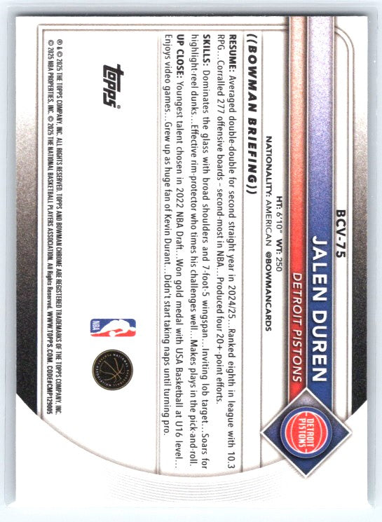 2025-26 Bowman #BCV-75 Jalen Duren Chrome Lava Refractors #/399