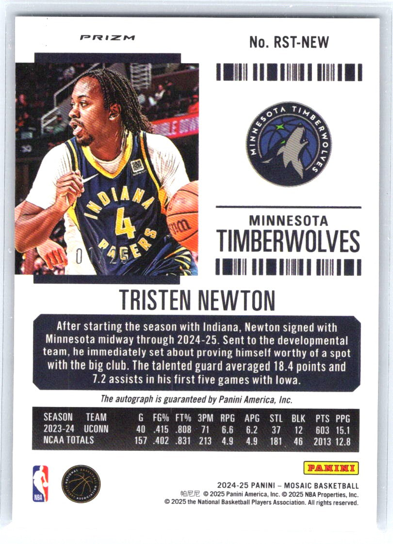 2024-25 Panini Mosaic #RST-NEW Tristen Newton Rookie Season Ticket White #/25