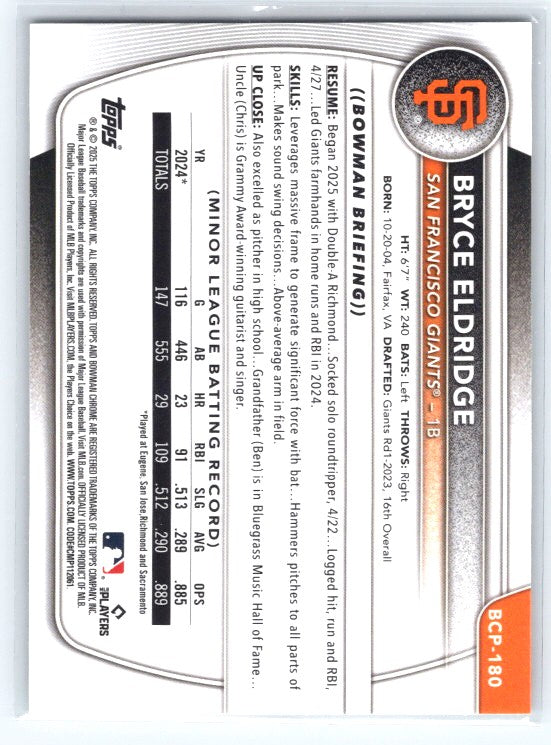 2025 Bowman Chrome #BCP-180 Bryce Eldridge Prospects Shimmer