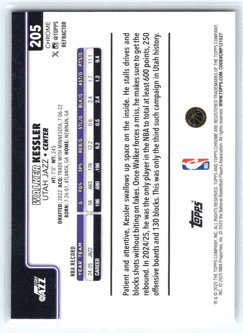2025-26 Topps Chrome #205 Walker Kessler Refractor