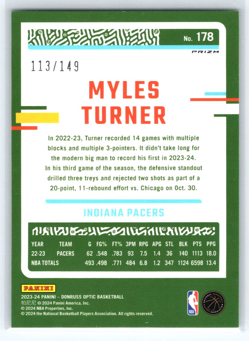2023-24 Donruss Optic #178 Myles Turner Lime Green #/149
