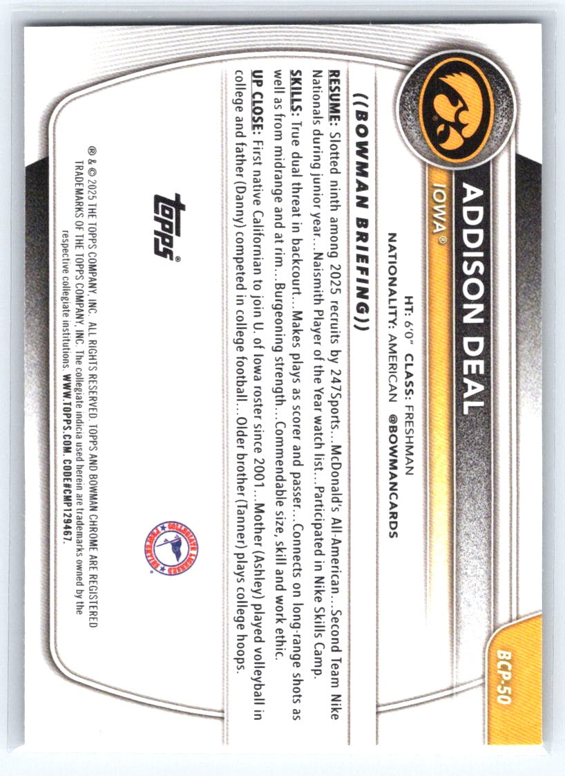 2025-26 Bowman #BCP-50 Addie Deal Chrome Prospects Reptilian Refractor