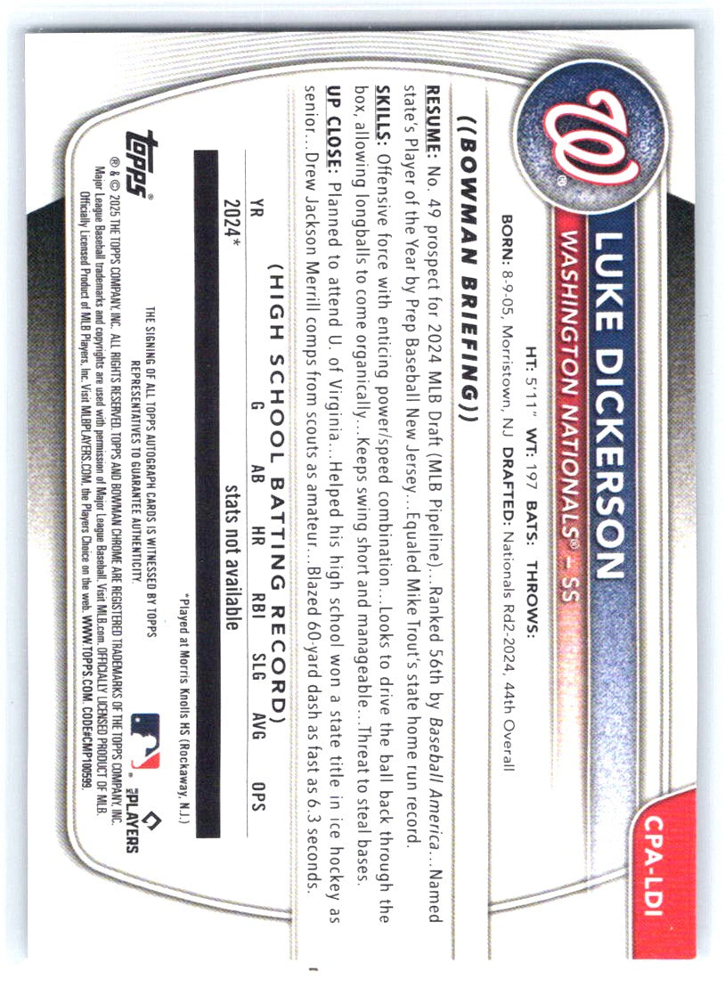 2025 Bowman Chrome #CPA-LDI Luke Dickerson Prospect Autographs