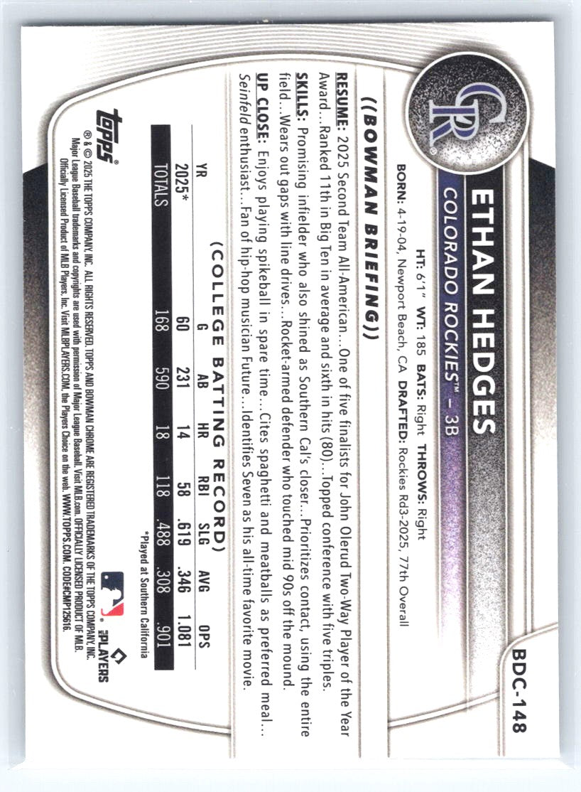 2025 Bowman Draft #BDC-148 Ethan Hedges Chrome Mojo Refractor