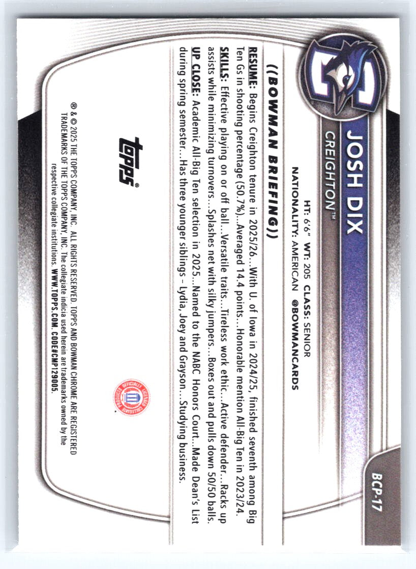 2025-26 Bowman #BCP-17 Josh Dix Chrome Prospects Reptilian Refractor