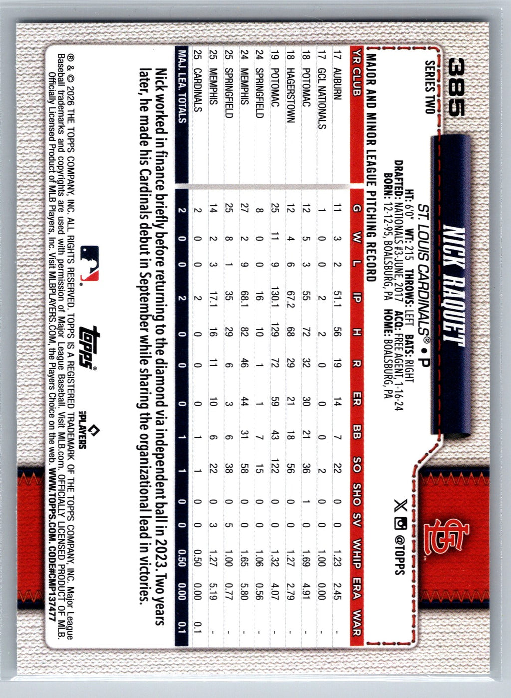 2026 Topps #385 Nick Raquet Diamante Foil