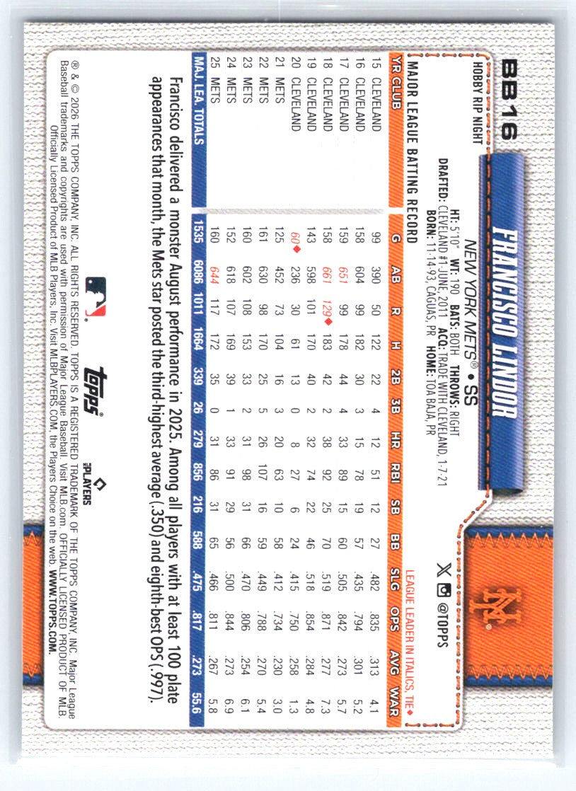 2026 Topps Rip Night #BB16 Francisco Lindor