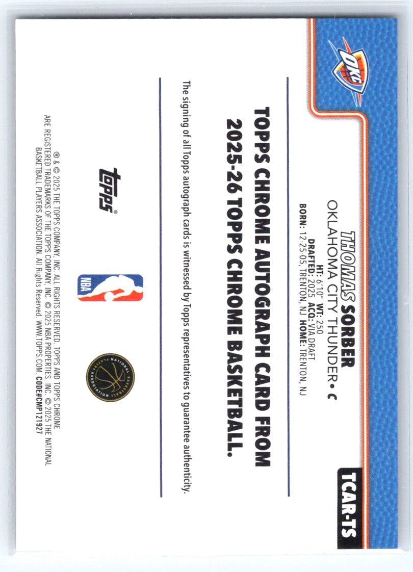 2025-26 Topps Chrome #TCAR-TS Thomas Sorber Chrome Rookie Autographs