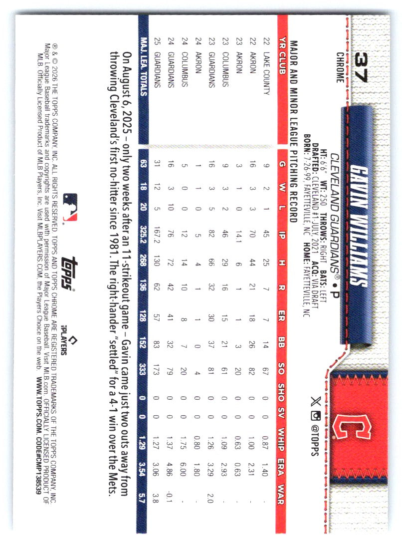 2026 Topps Chrome #37 Gavin Williams