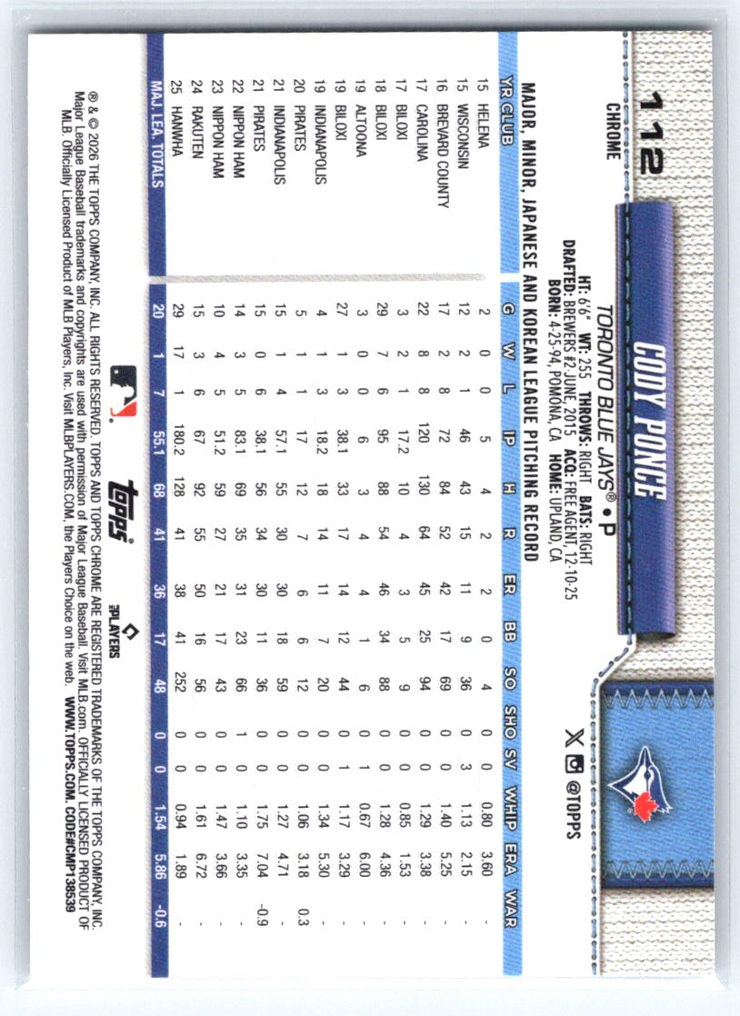 2026 Topps Chrome #112 Cody Ponce