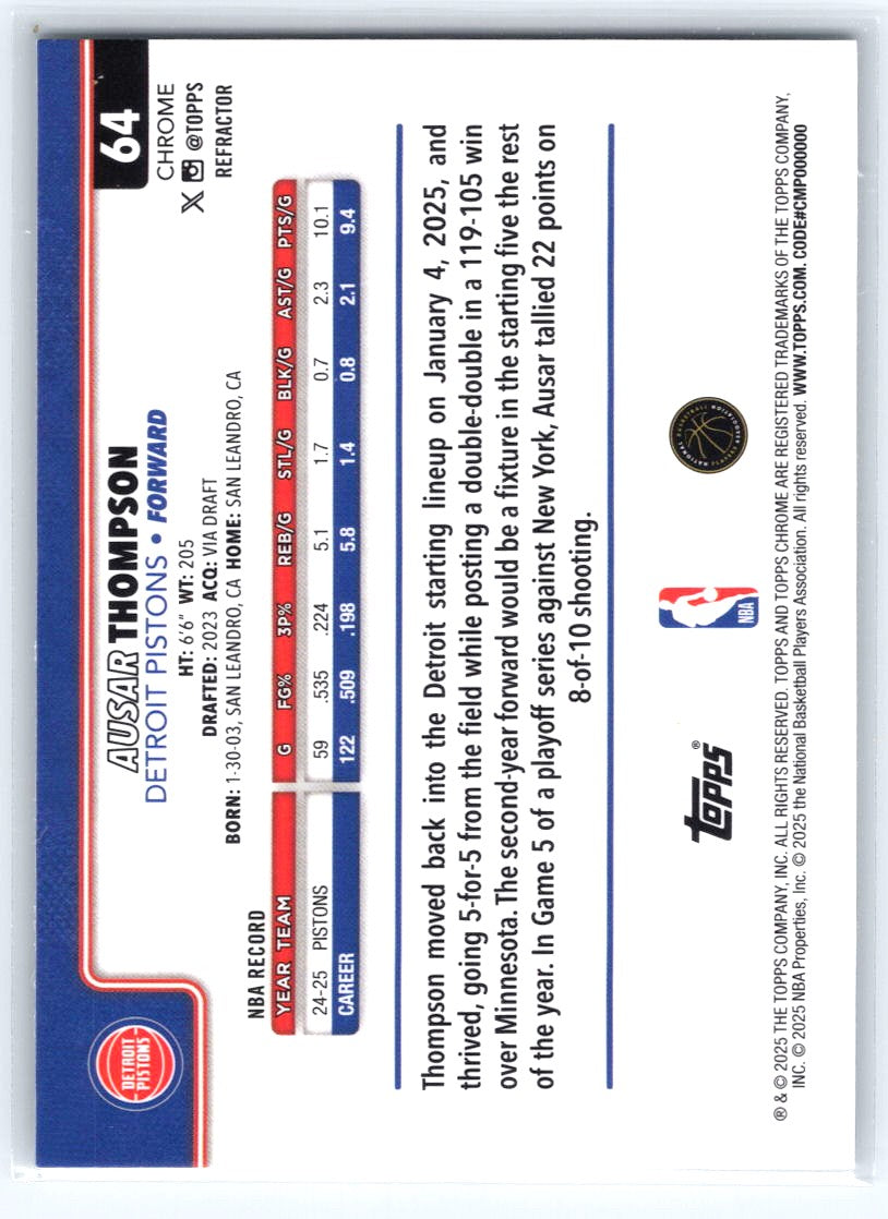 2025-26 Topps Chrome #64 Ausar Thompson Refractor