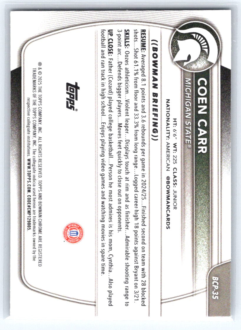 2025-26 Bowman #BCP-35 Coen Carr Chrome Prospects Reptilian Refractor