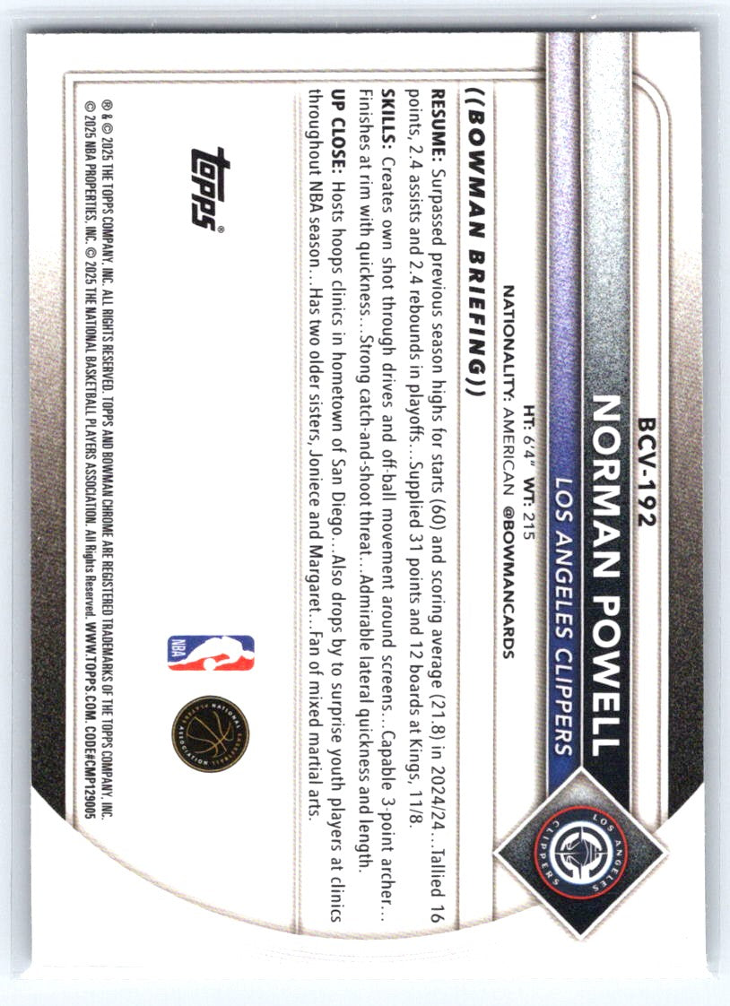 2025-26 Bowman #BCV-192 Norman Powell Chrome Reptilian Refractors