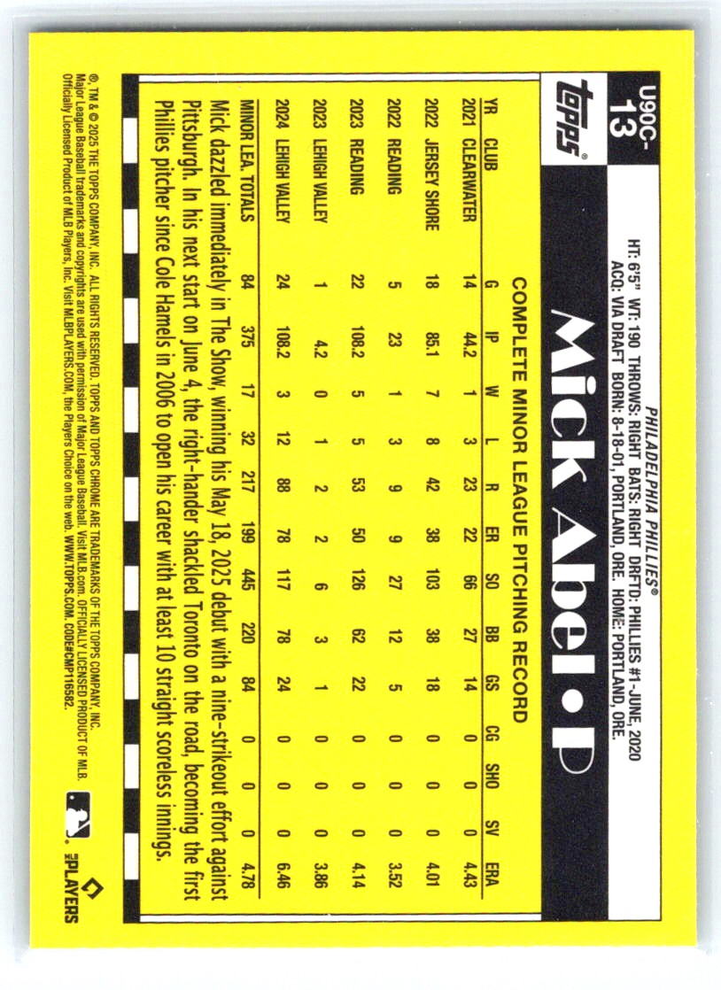 2025 Topps Update #U90C-13 Mick Abel 1990 Topps Baseball 35th Anniversary Chrome