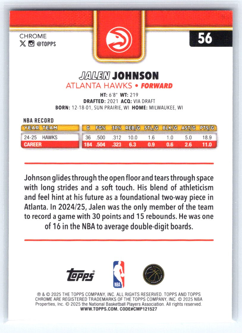 2025-26 Topps Chrome #56 Jalen Johnson Blue Wave Refractor #/150