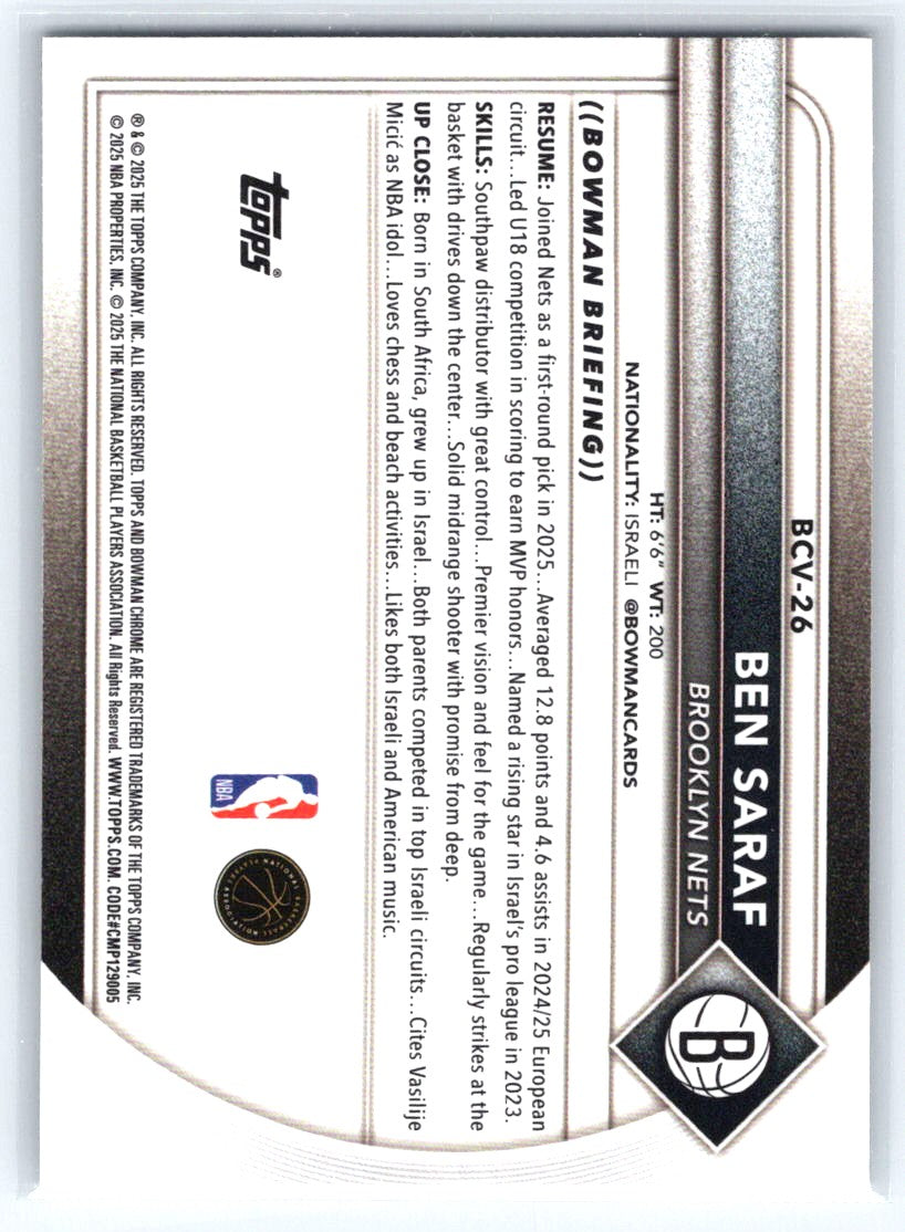 2025-26 Bowman #BCV-26 Ben Saraf Chrome Mojo Refractors
