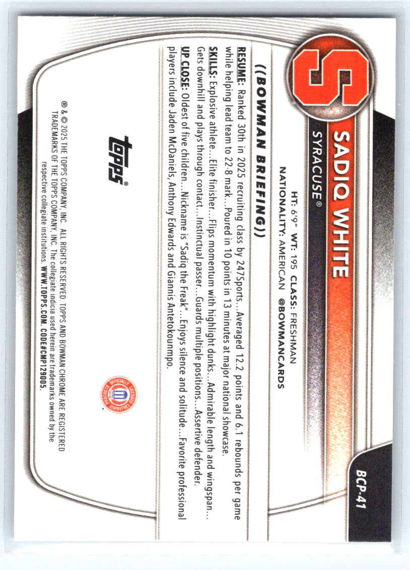 2025-26 Bowman #BCP-41 Sadiq White Jr. Chrome Prospects