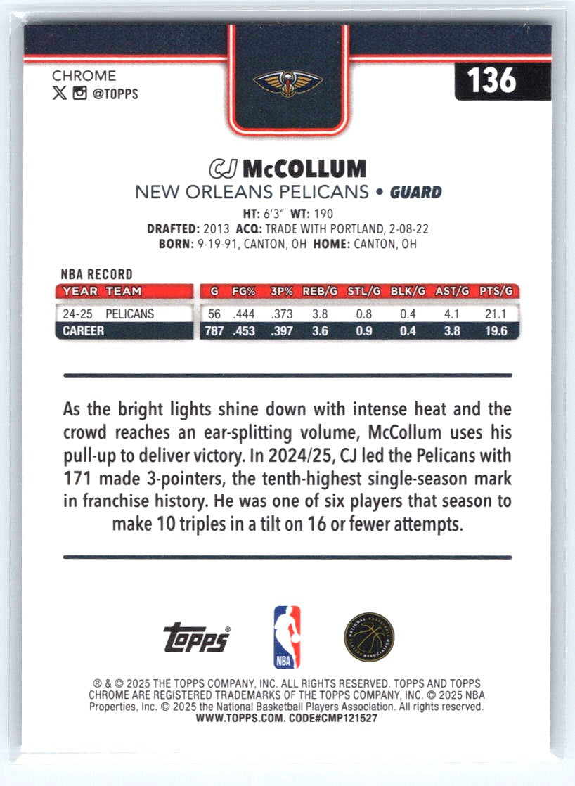 2025-26 Topps Chrome #136 CJ McCollum RayWave Refractor