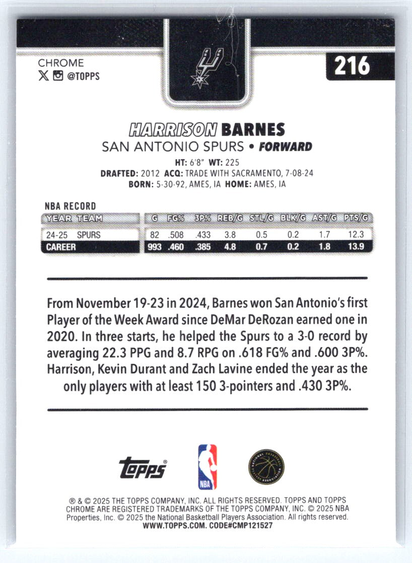 2025-26 Topps Chrome #216 Harrison Barnes Purple Refractor #/75