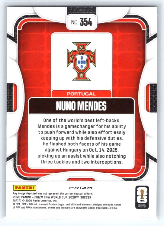 2026 Panini Prizm FIFA World Cup #354 Nuno Mendes Wave Prizms
