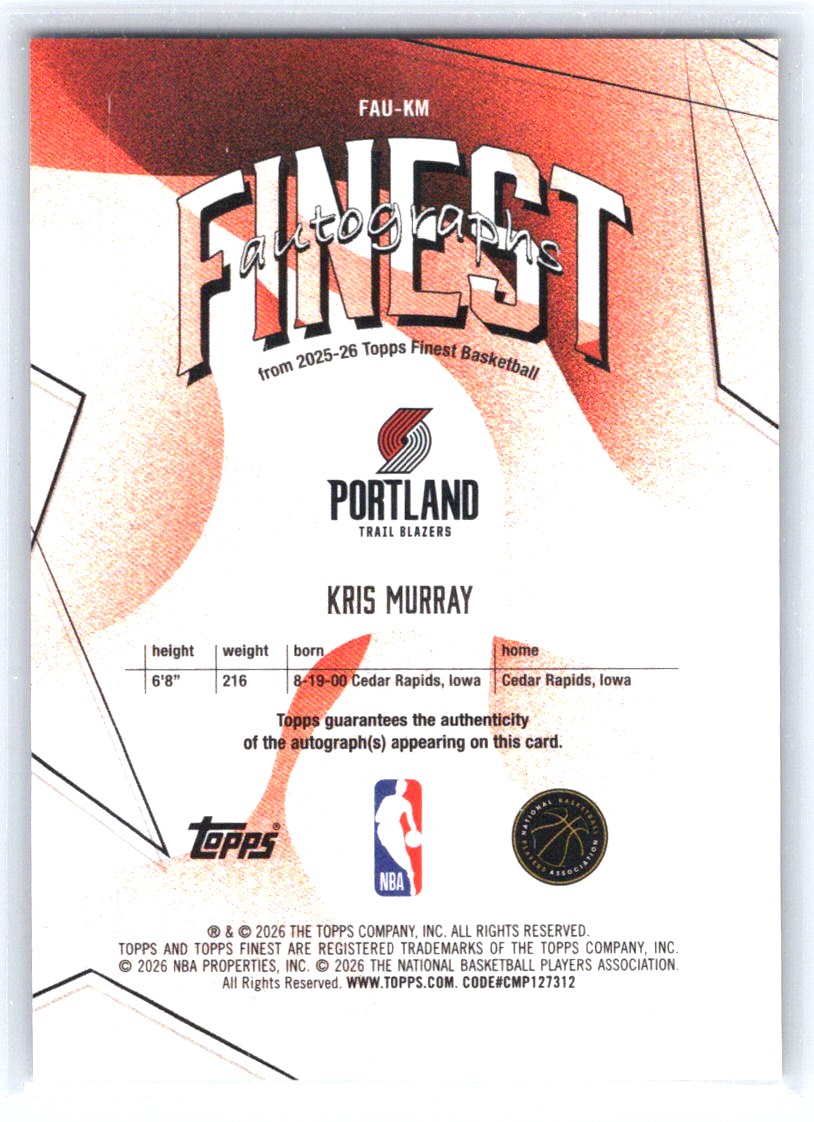 2025-26 Finest #FAU-KM Kris Murray Finest Autographs