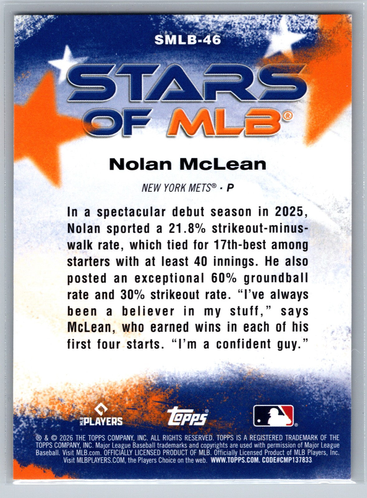 2026 Topps #SMLB-46 Nolan McLean Stars of MLB