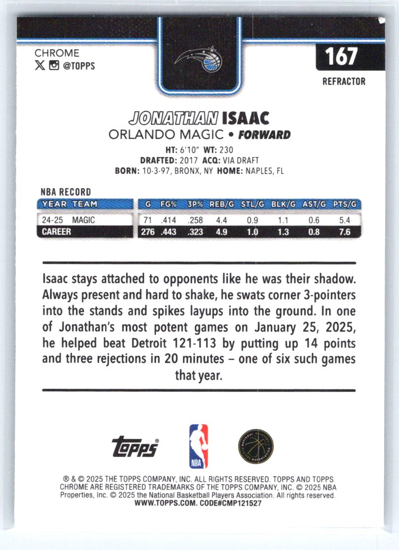 2025-26 Topps Chrome #167 Jonathan Isaac Refractor
