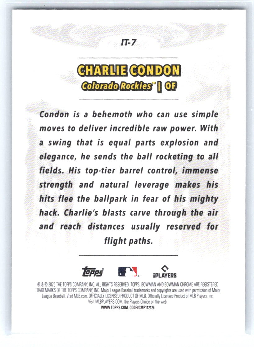 2025 Bowman Chrome #IT-7 Charlie Condon It Came To The League