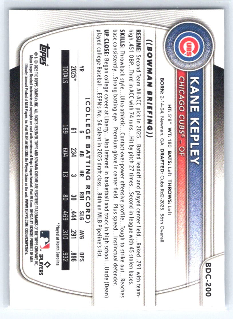 2025 Bowman Draft #BDC-200 Kane Kepley Chrome Mojo Refractor
