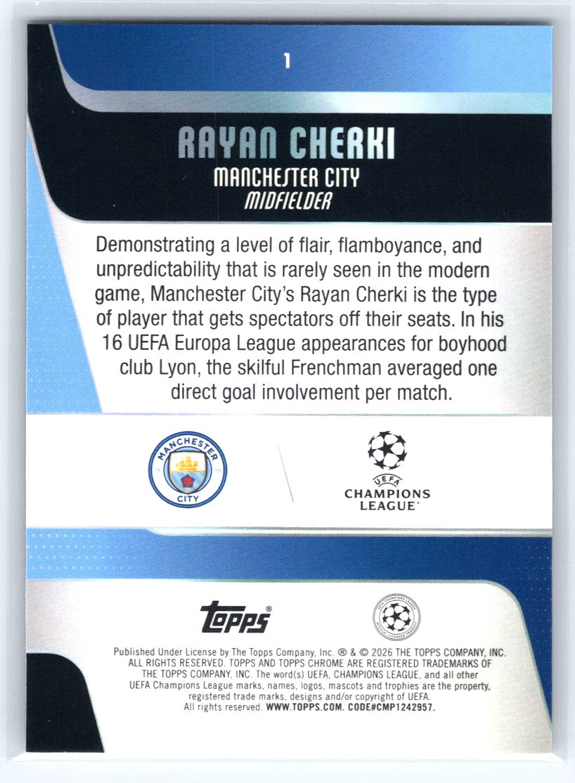 2025-26 Topps Chrome UEFA Club Competitions #1 Rayan Cherki Raywave Refractor