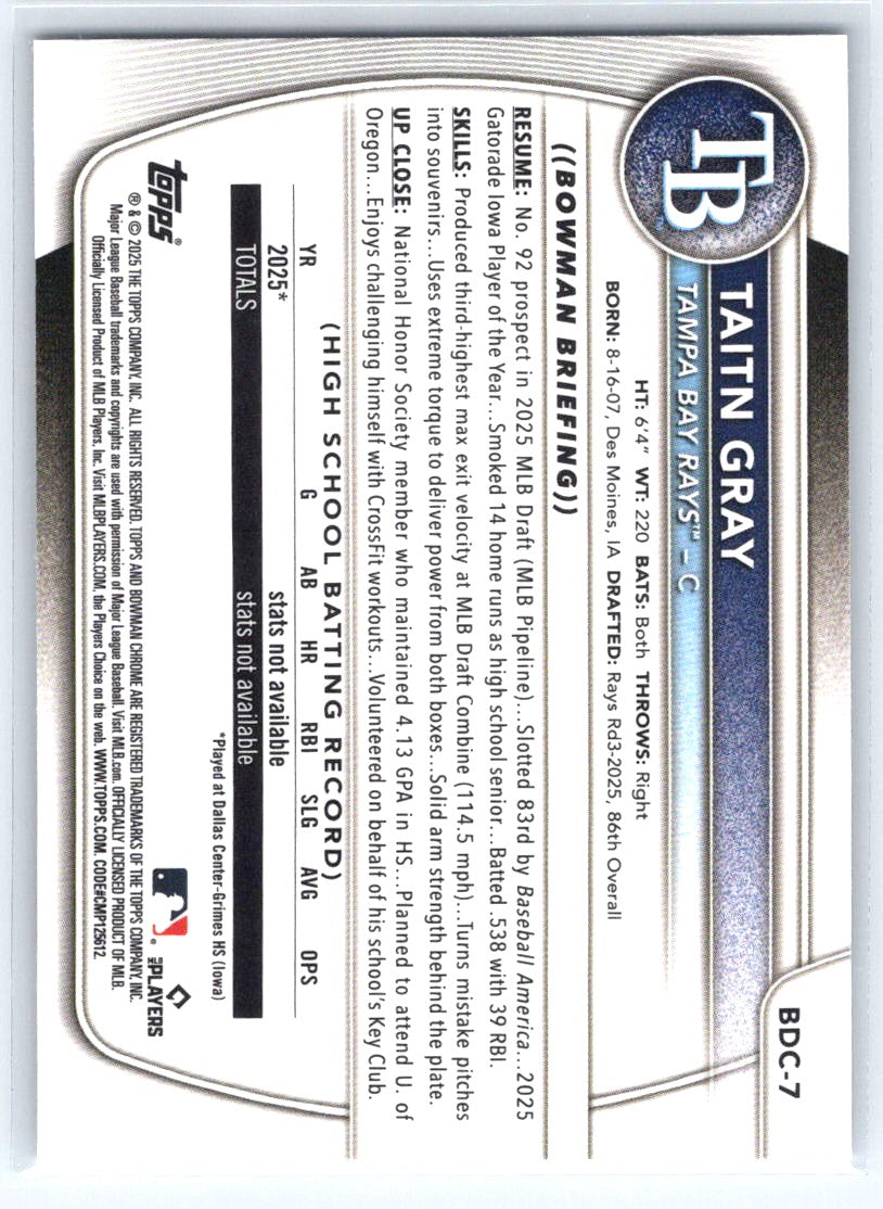 2025 Bowman Draft #BDC-7 Taitn Gray Chrome Laser Refractor