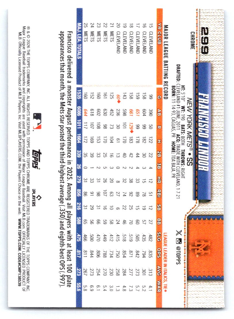 2026 Topps Chrome #299 Francisco Lindor