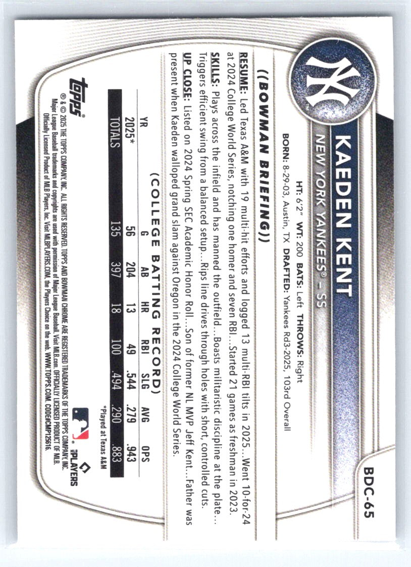 2025 Bowman Draft #BDC-65 Kaeden Kent Chrome Mojo Refractor