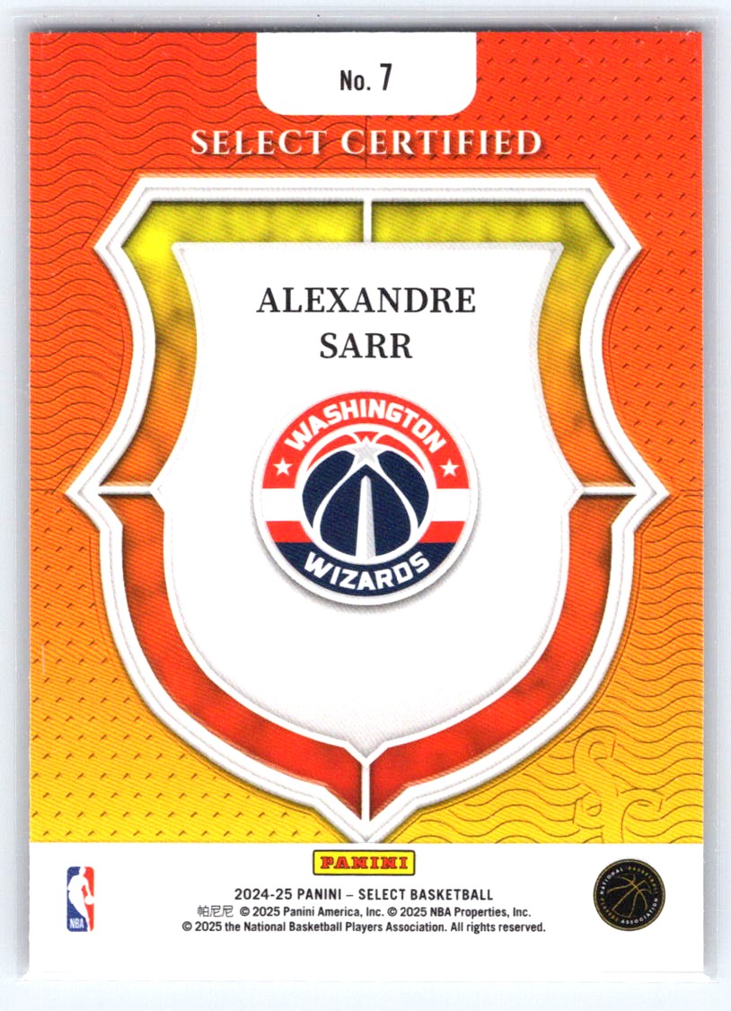 2024-25 Panini Select #7 Alexandre Sarr Select Certified