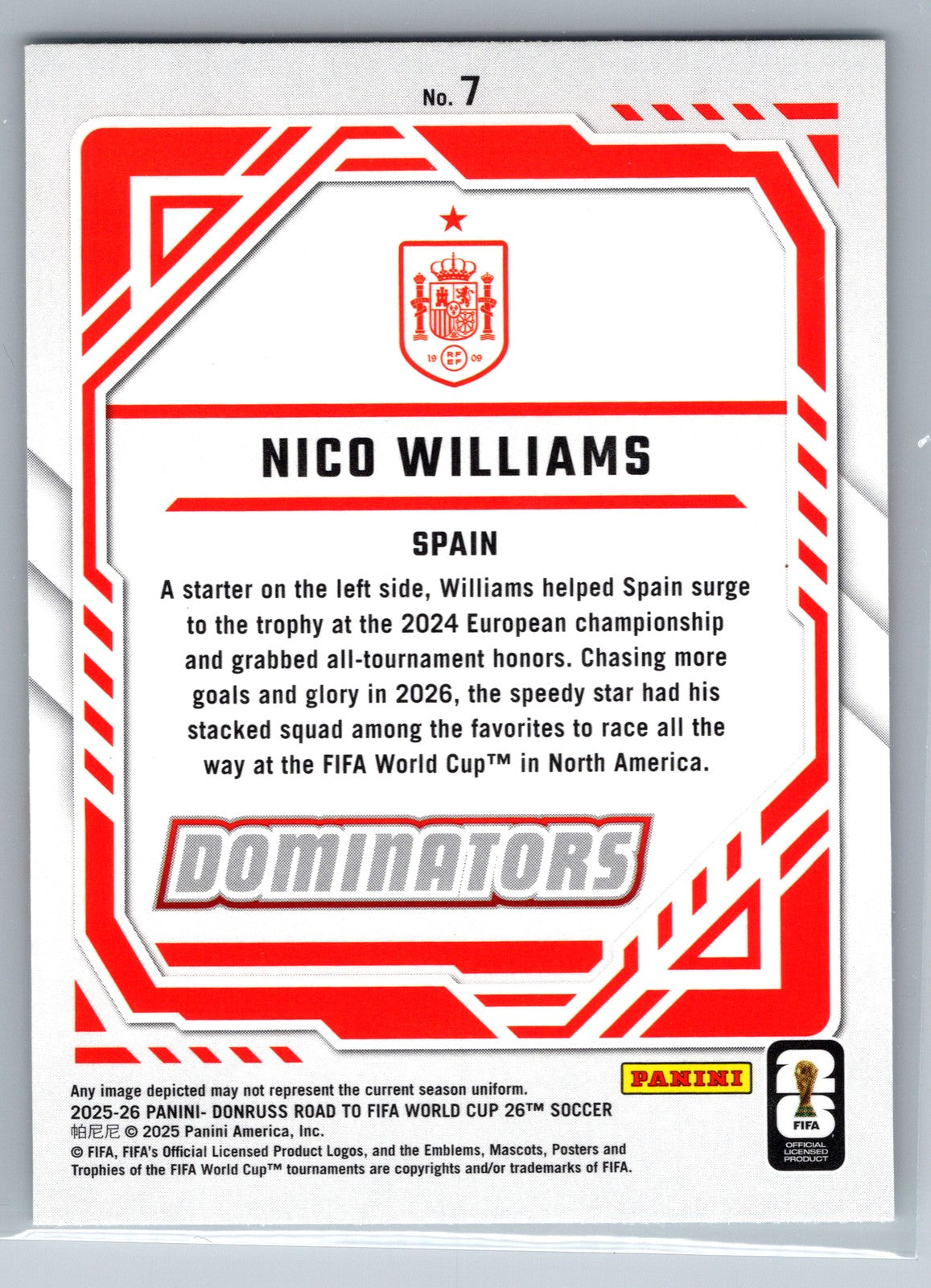2025-26 Donruss Road to FIFA World Cup #7 Nico Williams Dominators